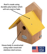 JCS Wildlife Chickadee Birdhouse with yellow poly lumber roof and cedar body, made in the USA.