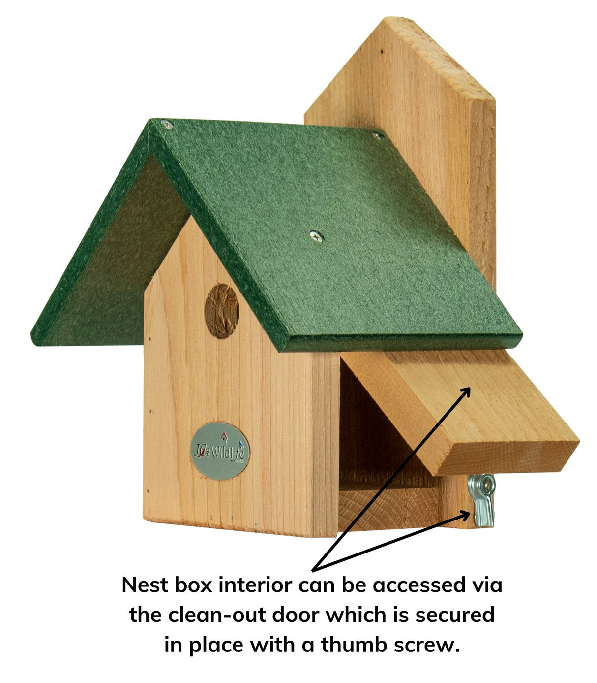 JCS Wildlife Chickadee Birdhouse with Cedar Body and Recycled Poly Lumber Roof, featuring a clean-out door secured by a thumb screw.
