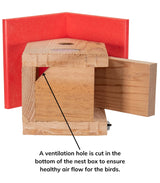 JCS Wildlife Chickadee Birdhouse with ventilation hole and open side door showing cedar body and eco-friendly recycled poly lumber roof.
