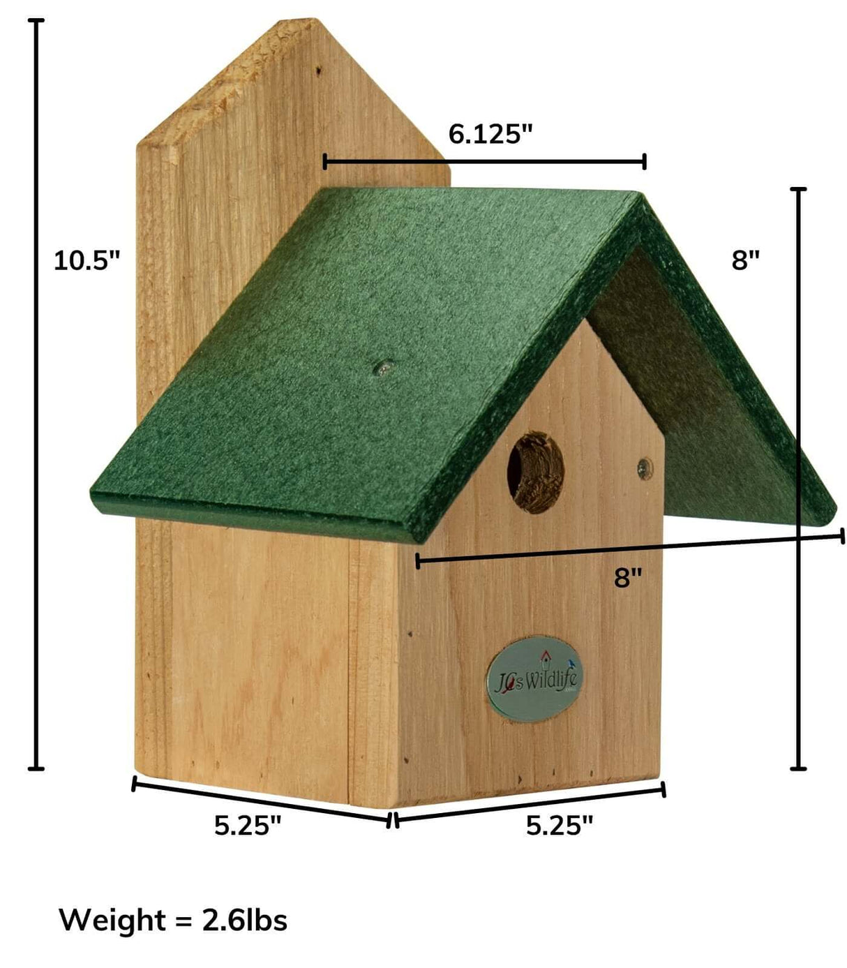 JCS Wildlife USA Chickadee Birdhouse with green recycled poly lumber roof and cedar body, dimensions and weight shown