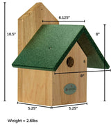 JCS Wildlife USA Chickadee Birdhouse with green recycled poly lumber roof and cedar body, dimensions and weight shown