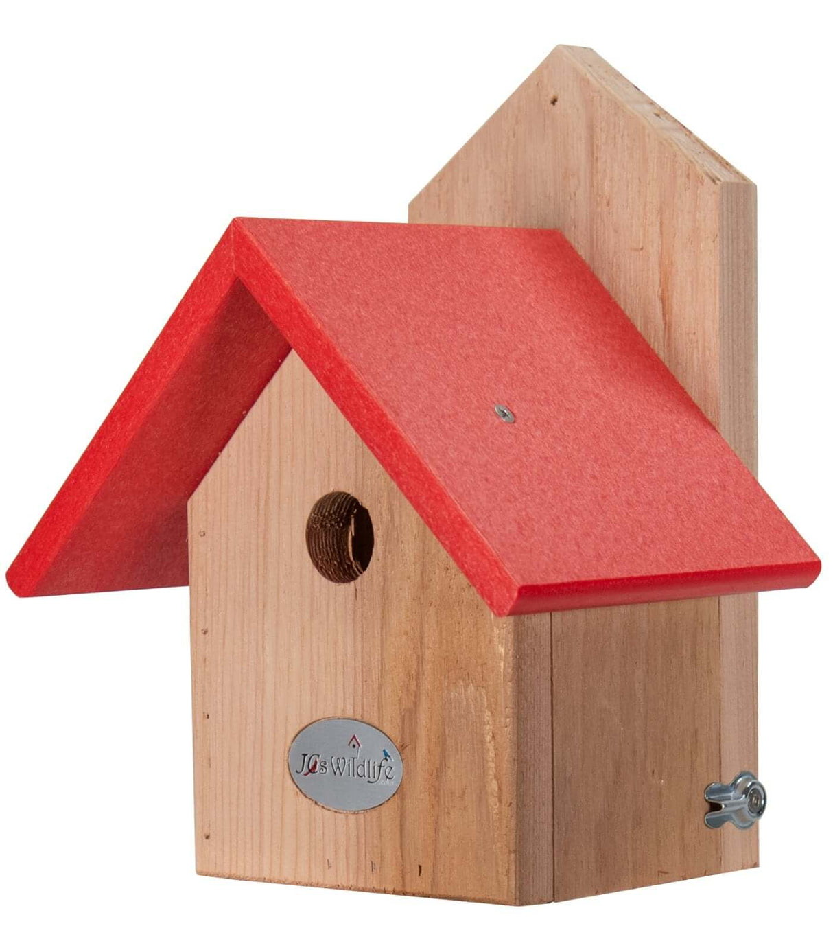 JCS Wildlife Chickadee Birdhouse with Cedar Body and Red Recycled Poly Lumber Roof.