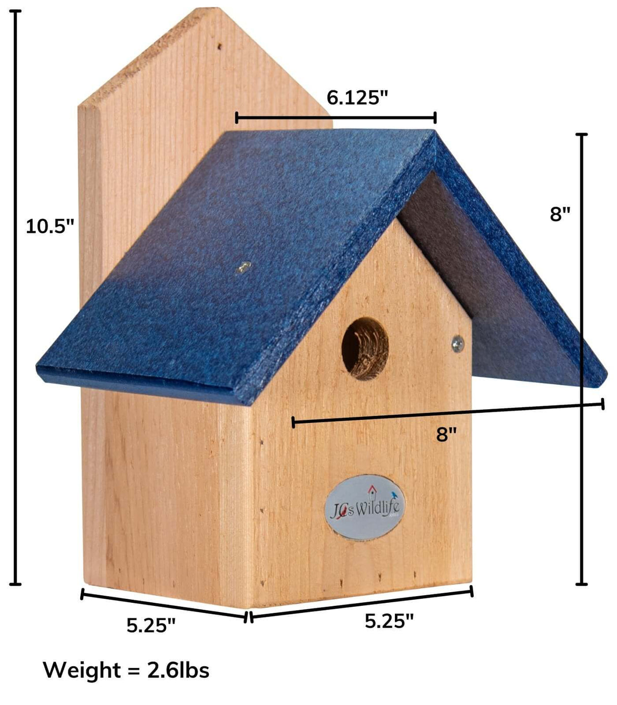 JCS Wildlife nature products USA Chickadee birdhouse with recycled poly lumber roof and cedar body, eco-friendly and crack-resistant.