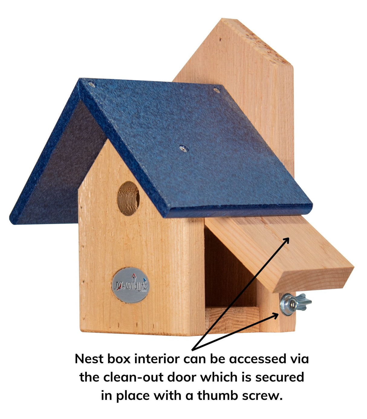 JCS Wildlife Chickadee Birdhouse with Recycled Poly Lumber Roof and Cedar Body, featuring a 1-1/8" portal and easy clean-out door