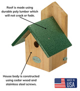JCS Wildlife Chickadee Birdhouse with eco-friendly recycled poly lumber roof and cedar body, made in the USA.