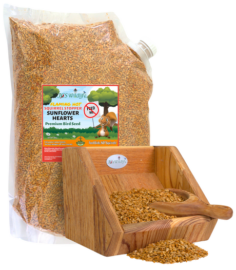 Seed Scoop and Bag Display of JCS Wildlife Squirrel Stopper Sunflower Hearts Loose Seed 
