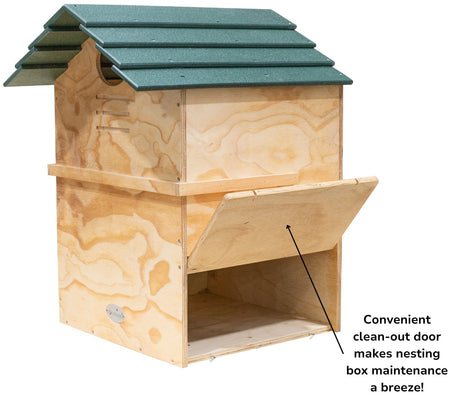 JCS Wildlife X Large Barn Owl Box with poly lumber roof, exercise platform, and a convenient clean-out door for easy maintenance.