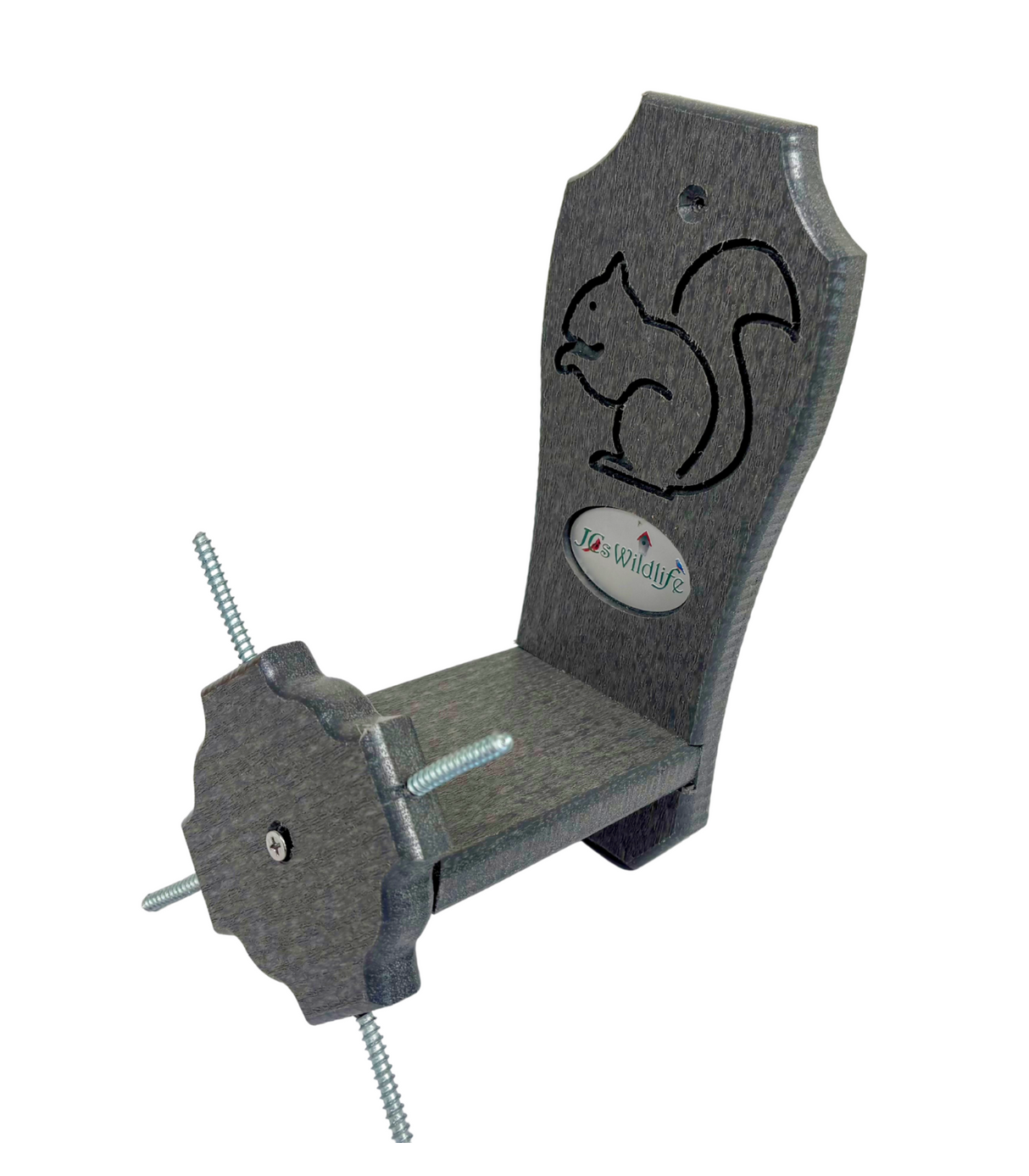 JCs Wildlife dark gray wooden squirrel feeder features a carved squirrel design, silver screws, and a circular base for easy mounting
