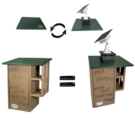 Cardboard squirrel nut house with green top and wooden base, showing assembly steps.