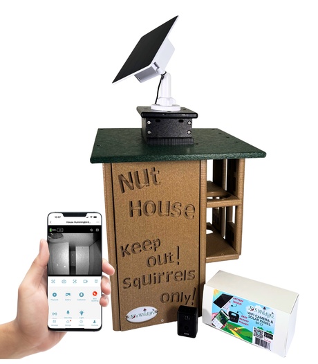 Smart squirrel house with smartphone app control, solar panel, and packaging on a white background