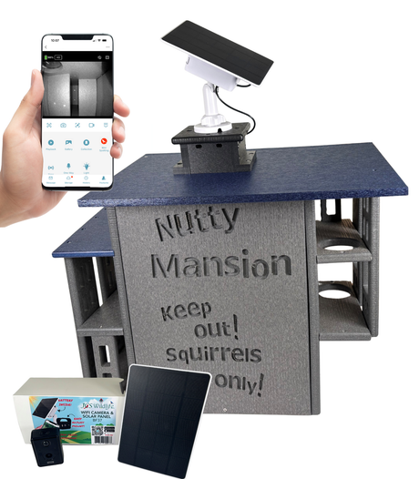 Squirrel house nesting box with smartphone app control on a white background