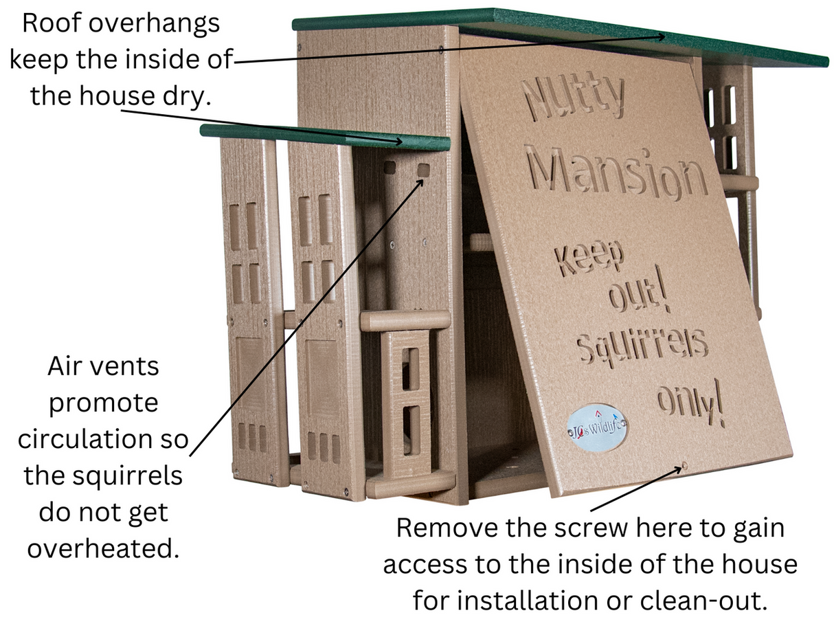 Squirrel house by JCs Wildlife featuring a green roof, tan walls, and the words Nutty Mansion and Keep Out Squirrels Only
