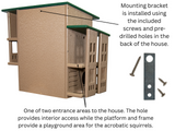 Product image showing a tan and green multi-level squirrel house with two entrances, multiple platforms, and a mounting bracket featuring pre-drilled holes and included screws