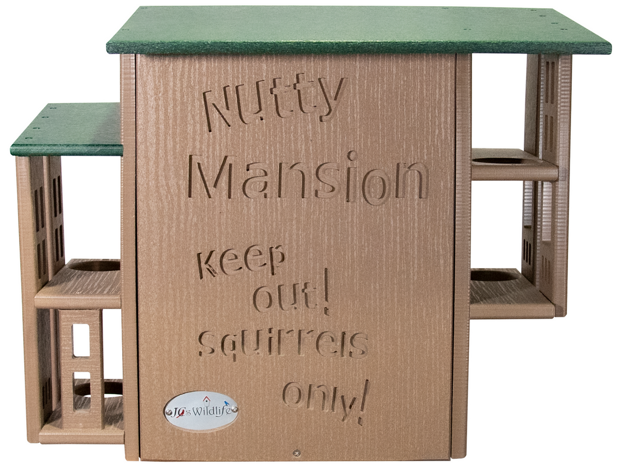 JCs Wildlife Nutty Mansion squirrel feeder with multiple feeding stations green roof and carved details shows Keep Out Squirrels Only
