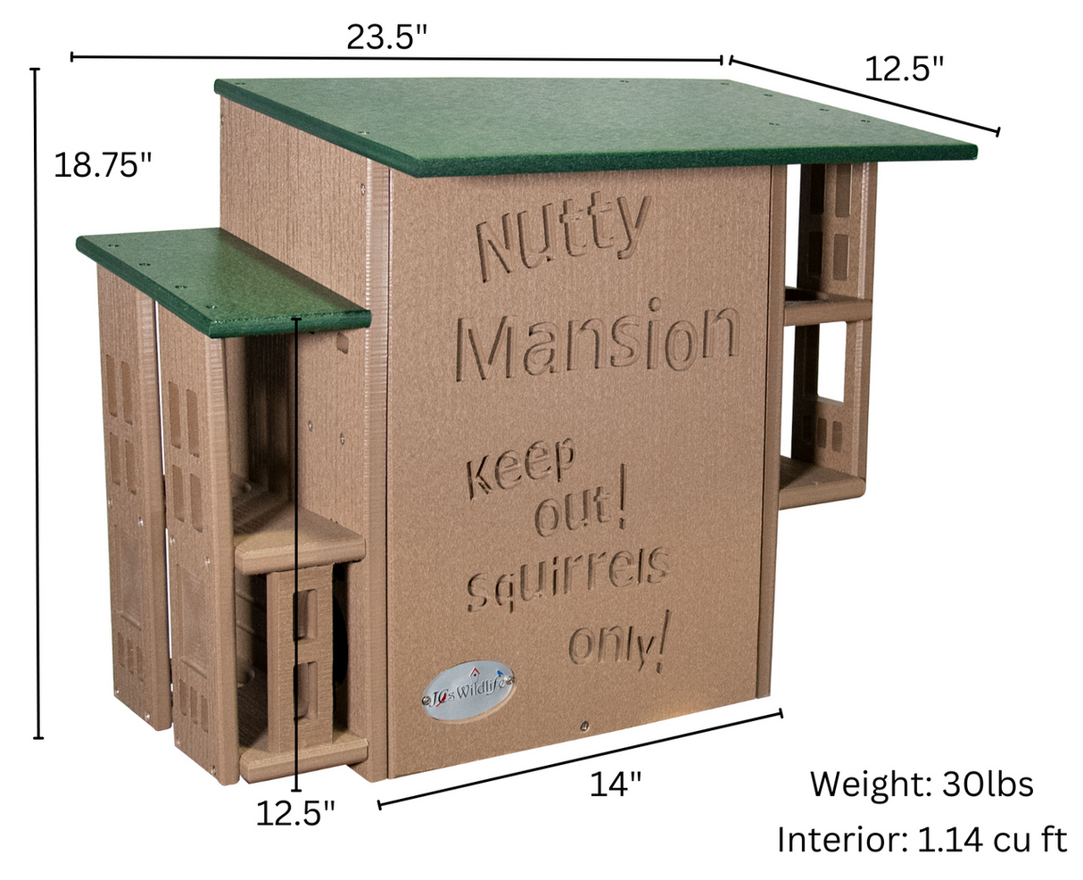 Diagram of JCs Wildlife's Nutty Mansion squirrel feeder showing a tan and green structure with multiple entry points and the words Nutty Mansion Keep Out Squirrels Only
