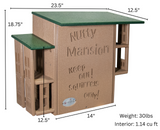 Diagram of JCs Wildlife's Nutty Mansion squirrel feeder showing a tan and green structure with multiple entry points and the words Nutty Mansion Keep Out Squirrels Only

