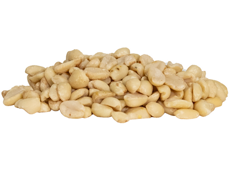 Photograph of a pile of lightly roasted peanuts showing variations in color and some slightly browned halves against a white background
