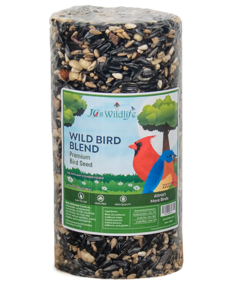JCs Wildlife cylindrical wild bird blend premium bird seed featuring a cardinal and bluebird against a green tree background showing black oil sunflower seeds shelled peanuts and safflower
