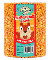 Mr Bird's Flaming Hot Feast bird food cylindrical package shows a cartoon squirrel New Braunfels Texas featuring vibrant orange seeds and a cautionary label
