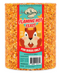Mr Bird's Flaming Hot Feast bird food cylindrical package shows a cartoon squirrel New Braunfels Texas featuring vibrant orange seeds and a cautionary label
