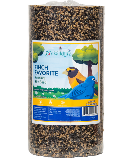 JCs Wildlife Finch Favorite premium bird seed cylindrical package showing a yellow and black bird a blue bird and a green tree with dark and light brown seeds