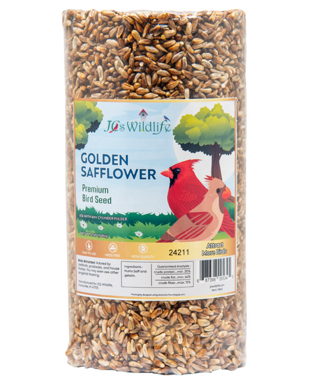 JCS Wildlife product photography shows a plastic cylinder of golden safflower premium bird seed featuring a red cardinal and other birds against a background of trees and a birdhouse
