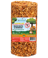 JCS Wildlife Flaming Hot Squirrel Stopper Bugs Nuts & Berries Premium Bird Seed shows a cylindrical package of birdseed containing sunflower seeds, berries, and mealworms against a white background
