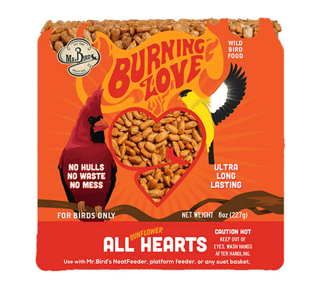 Mr. Bird Burning Love Small Cake, spicy bird feed, whole sunflower hearts, no waste, ultra long lasting, perfect for year-round feeding.