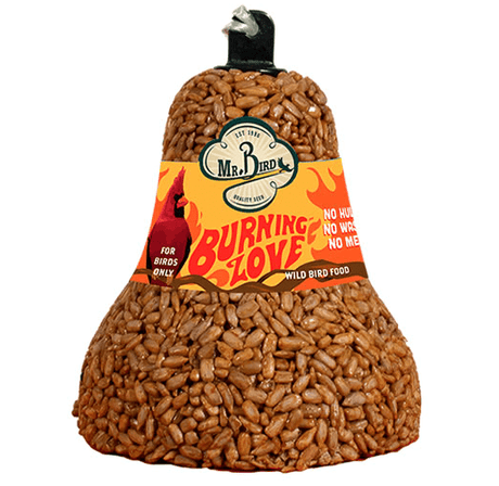 Mr. Bird Burning Love Seed Bell for year-round bird feeding, spicy hot snacks, 5-inch diameter.