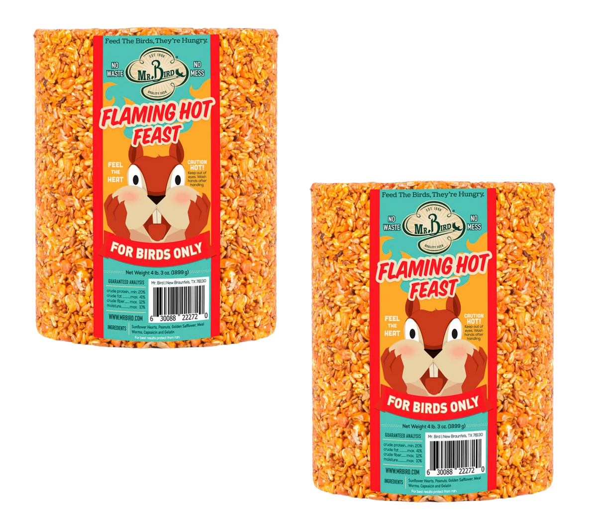 Mr. Bird's product photography shows two cylindrical Flaming Hot Feast bird feeders filled with sunflower seeds, peanuts, and golden safflower, featuring a cartoon squirrel and vibrant orange and red colors.

