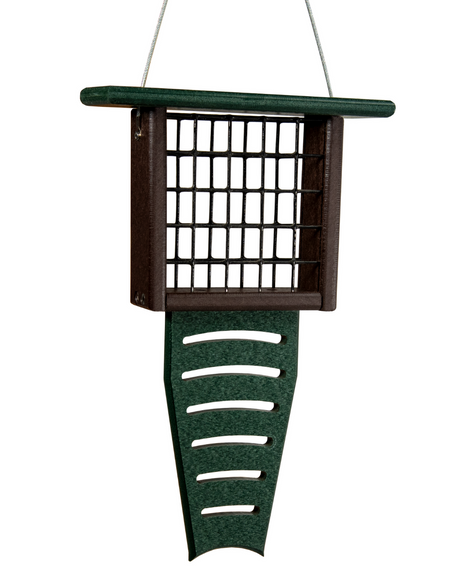 Plastic and recycled wood bird feeder with a dark brown main body, a green top and perch, and a wire mesh seed compartment hanging against a white background

