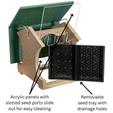 JCS Wildlife Small Hopper Bird Feeder featuring removable seed tray and acrylic panels for easy cleaning.