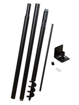 Product shot showing a black metal ground-mounting kit with three telescoping poles a ground screw and mounting bracket featuring a threaded connection and a plastic end cap