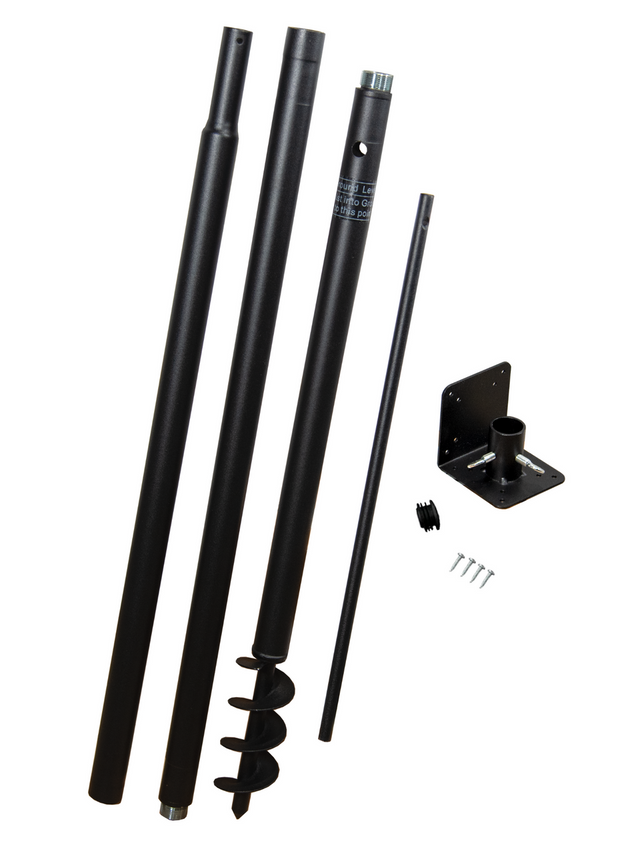 Product shot showing a black metal ground-mounting kit with three telescoping poles a ground screw and mounting bracket featuring a threaded connection and a plastic end cap