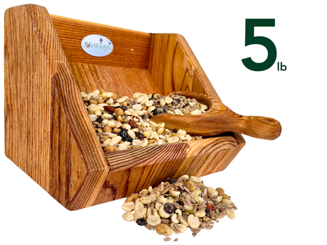JQs Wildlife wooden bird feeder filled with 5 lbs of birdseed featuring peanuts sunflower seeds and raisins in a rustic style with a wooden scoop
