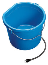 Blue 16-gallon heated bucket with handle and power cord designed for livestock, ensures water remains ice-free in subzero temperatures.