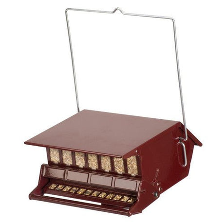 Red Audubon Bird's Choice Squirrel Proof Bird Feeder with weight-sensitive perches and adjustable settings for outdoor use