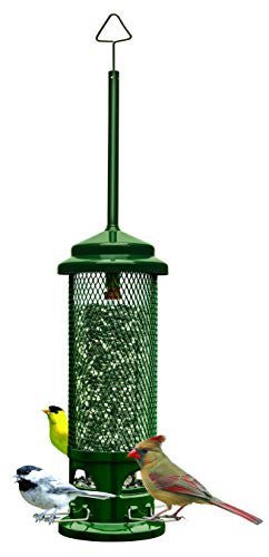 Brome Squirrel Buster Legacy Wild Bird Feeder 1082 with birds perched and feeding, squirrel-proof green bird feeder with weight adjustable mechanism