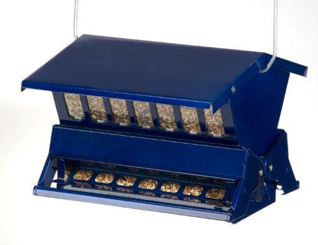 Electric Blue Woodlink Absolute II Squirrel Resistant Bird Feeder Model 7537 with weight sensitive perches and durable steel construction.