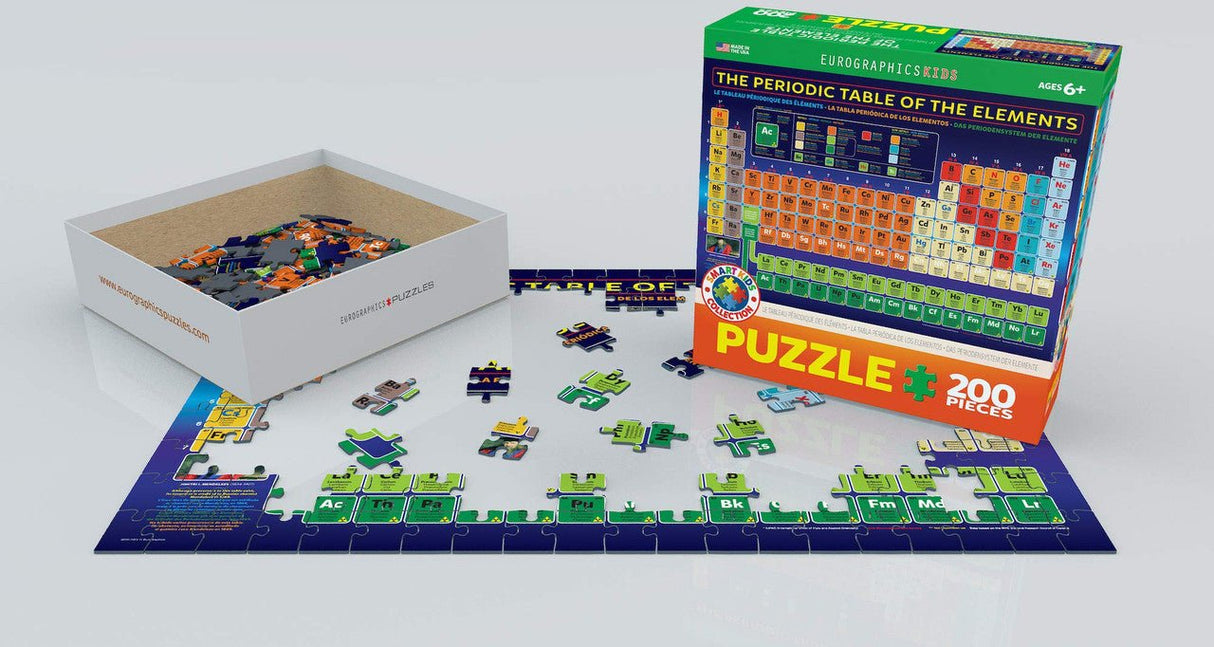 EuroGraphics Periodic Table of Elements 200-piece jigsaw puzzle partially completed, with box and loose pieces visible