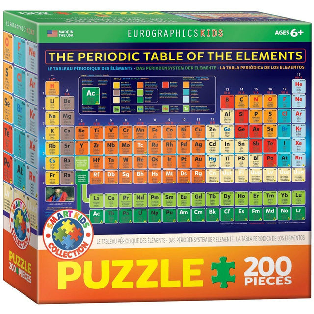 EuroGraphics The Periodic Table of Elements 200-piece jigsaw puzzle for ages 6 and up in a colorful box.