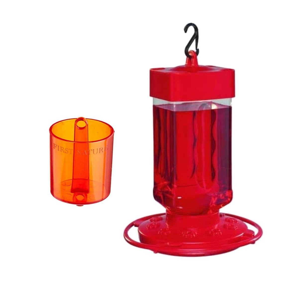 First Nature 3055 Hummingbird Feeder with 3306 Ant Barrier, 32 oz., red base and perch for 10 feeding ports, easy-to-clean design