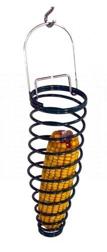 Product photo of a dark green metal spring-shaped bird feeder holding an ear of yellow corn with a silver metal hook