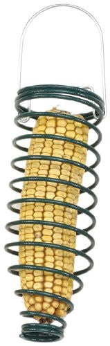 Metal bird feeder with an ear of corn inside a green spiral wire design featuring a silver hanging loop and pale yellow kernels