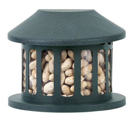 Heritage Farms Squirrel Diner 2 feeder filled with peanuts, powder-coated metal top and durable design to prevent squirrel chewing.