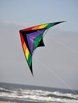 In The Breeze Rainbow Breeze 68" Sport Kite flying at the beach with vibrant colors against a cloudy sky.