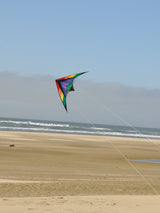 Rainbow Breeze 68" sport kite flying over a sandy beach with ocean waves in the background, perfect for beginners and entry-level stunt kite enthusiasts.