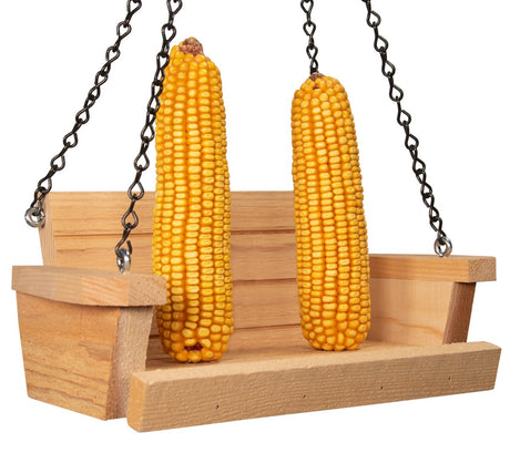JCS Wildlife Cedar Squirrel Feeder Swing with Two Ears of Corn installed. Fun feeder and playground for squirrels. Made in Southern Indiana.