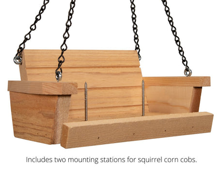 JCS Wildlife Cedar Squirrel Feeder Swing with chains and mounting stations for corn cobs.