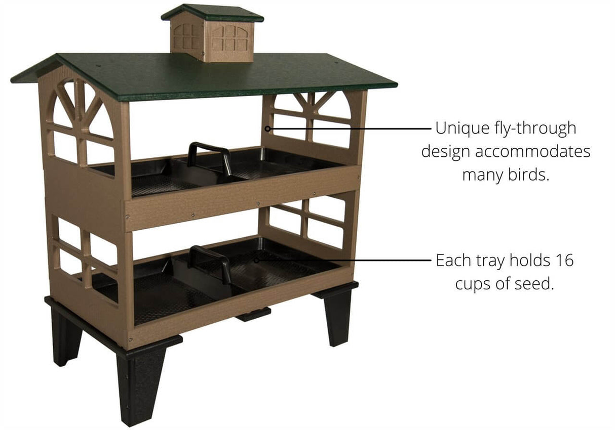 JCS Wildlife Double Colossal Ground Fly Thru Bird Feeder with two trays holding 16 cups of seed each, designed for multiple birds.